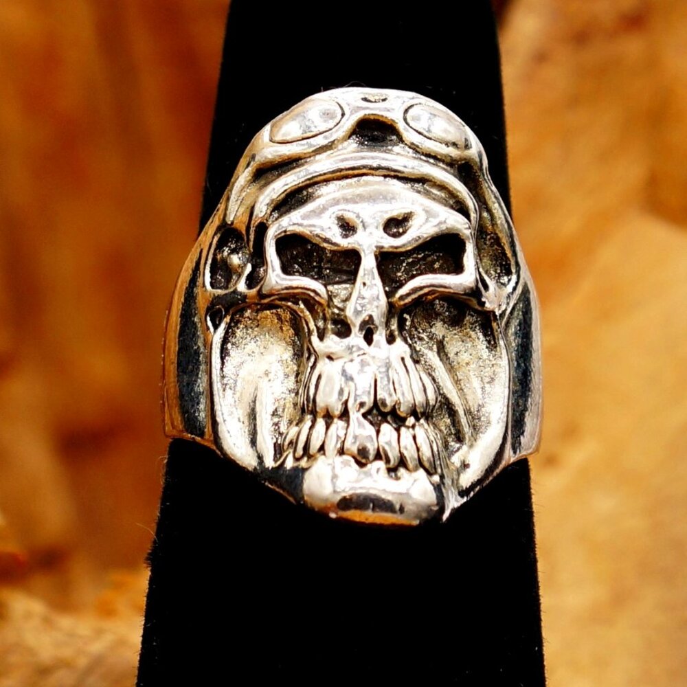 Vintage Goggled Skull Biker Aviation Scary Silver Tone Ring Size 8.5